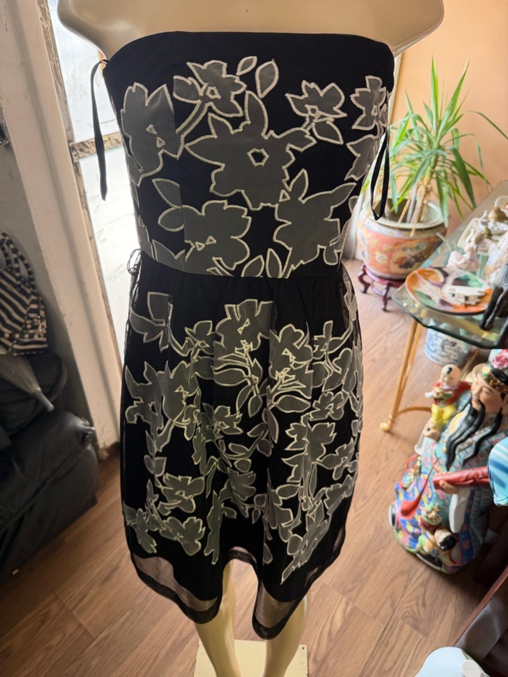 Black Strapless‎ Dress with White Floral Appliqué